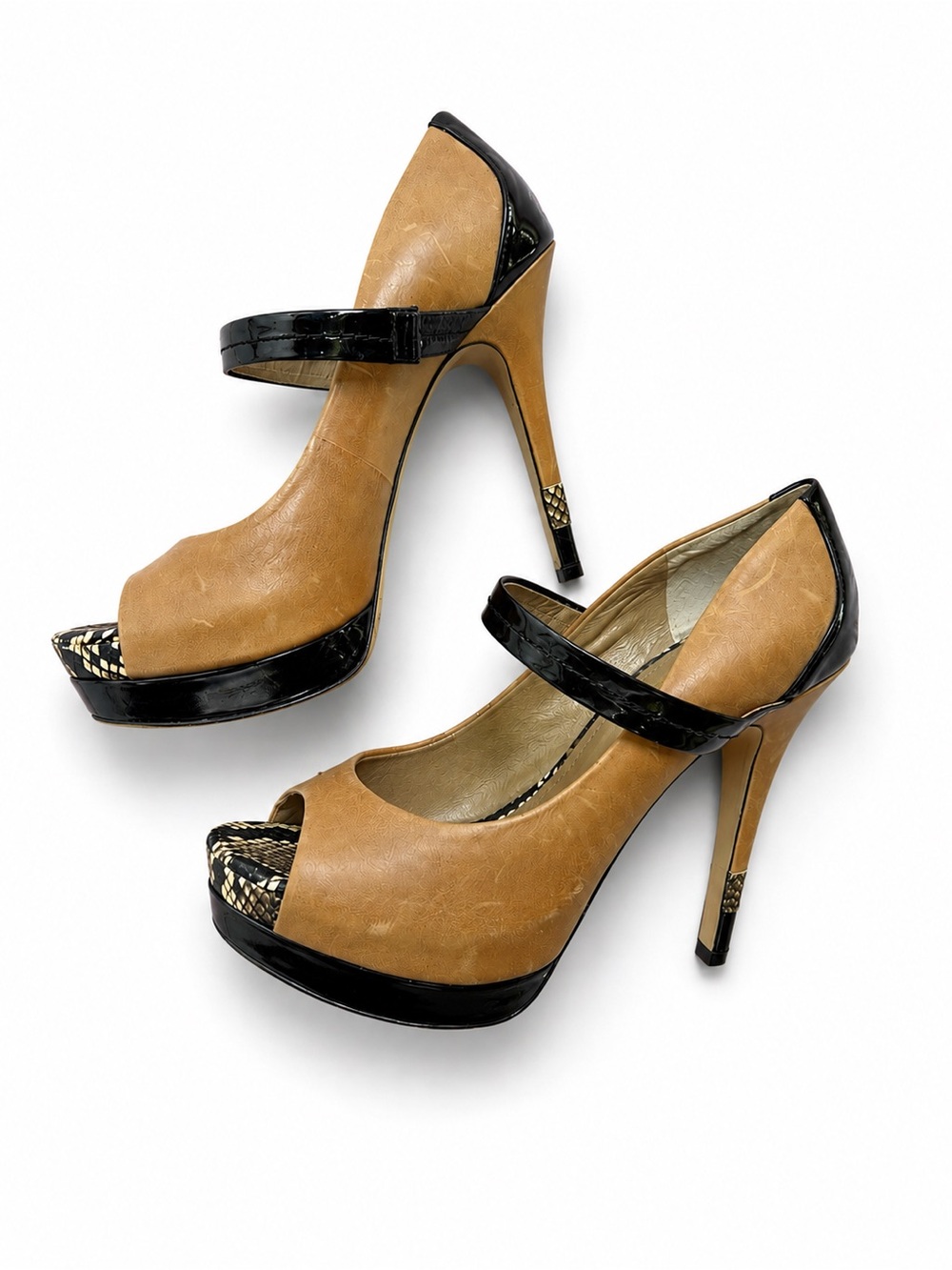 Jessica Simpson Tan and Black Peep-Toe Mary Jane Platform Heels